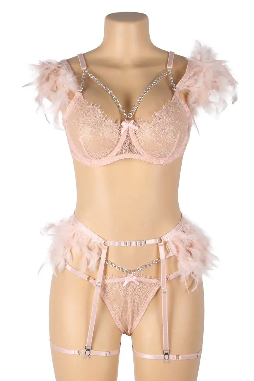 Feather Lace Chain Lingerie Bra Set 3wishes.com